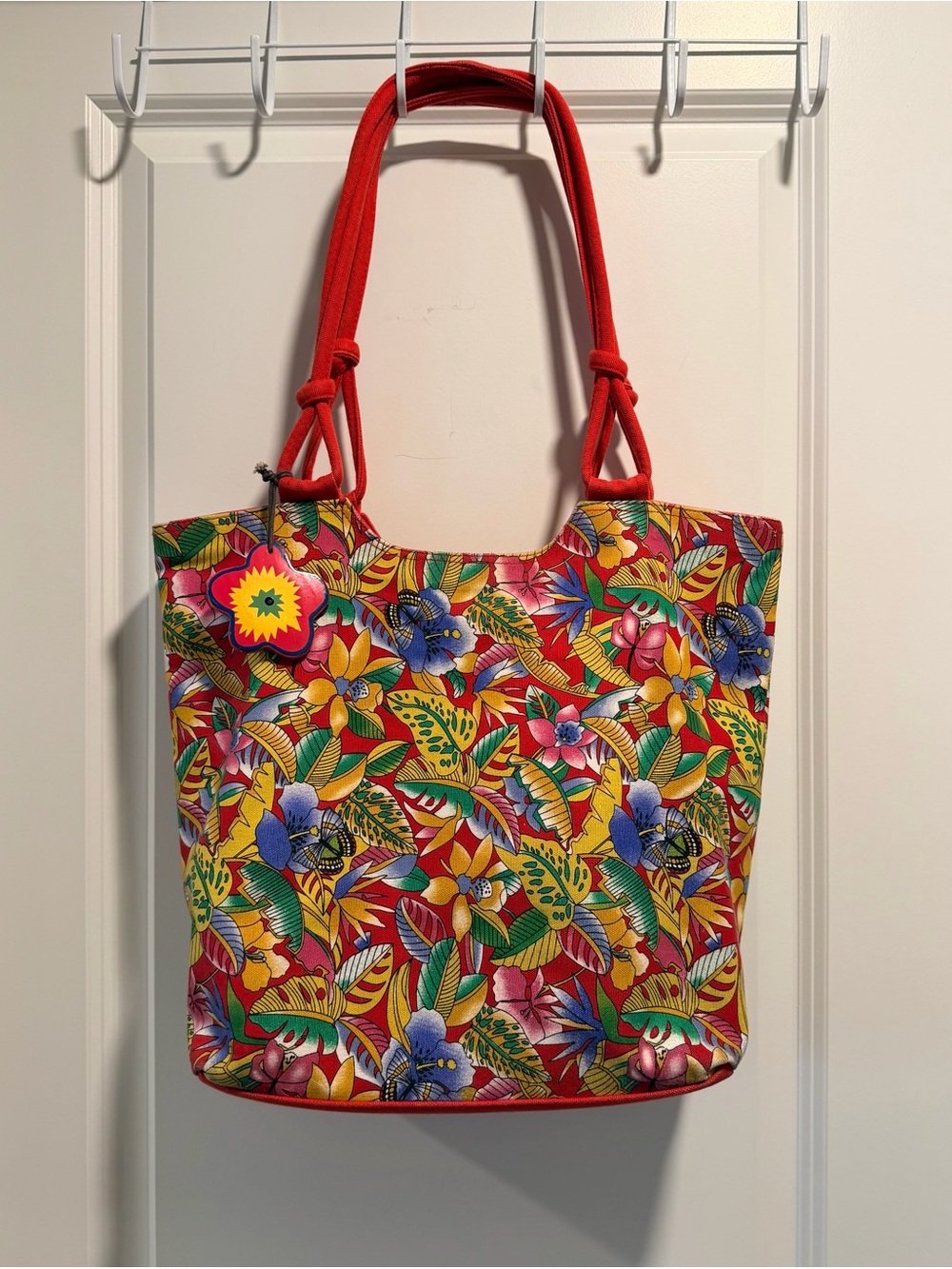 Vintage Kulanui of Hawaii Tropical Floral Tote Bag with Rope Handles Red